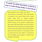 A yellow speech bubble describing a research project in a school