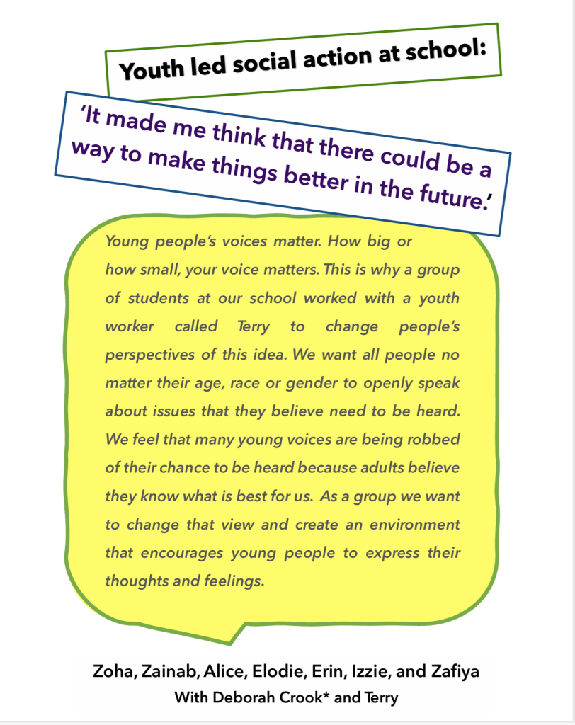 A yellow speech bubble describing a research project in a school